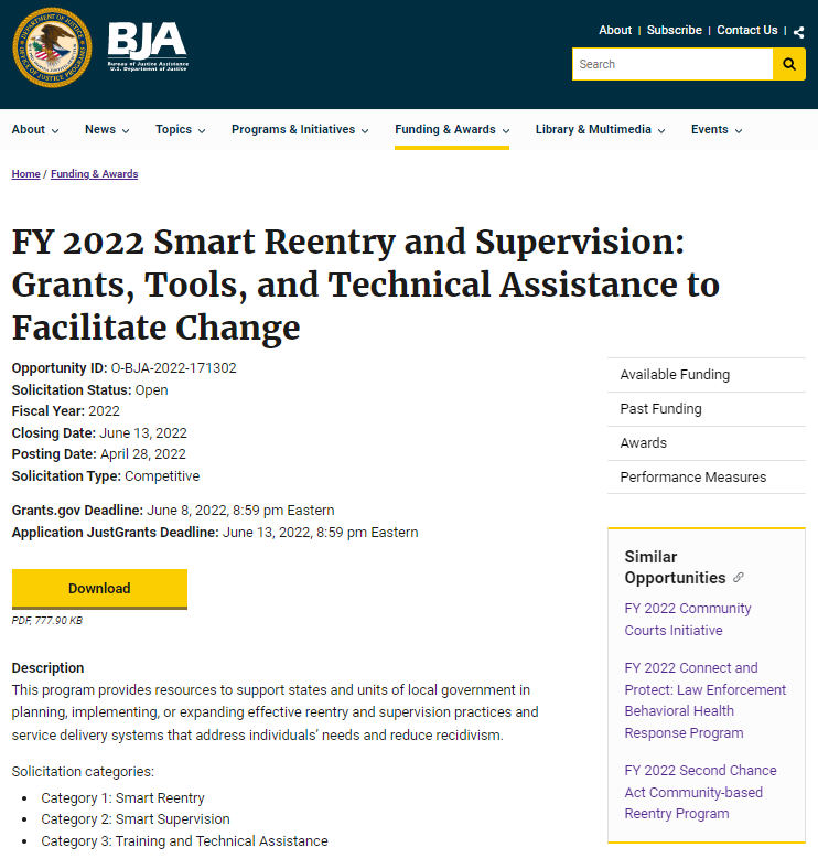 FY 2022 Smart Reentry and Supervision: Grants, Tools, and Technical Assistance to Facilitate Change Solicitation
