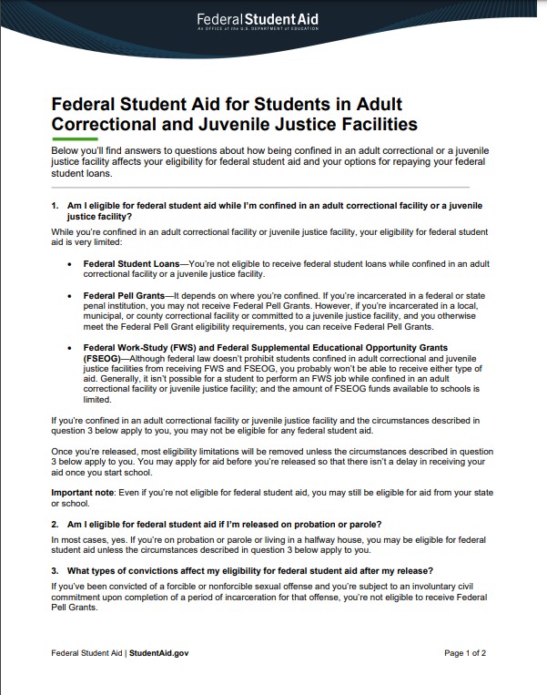 Federal Student Aid for Students in Adult Correctional and Juvenile Justice Facilities Cover