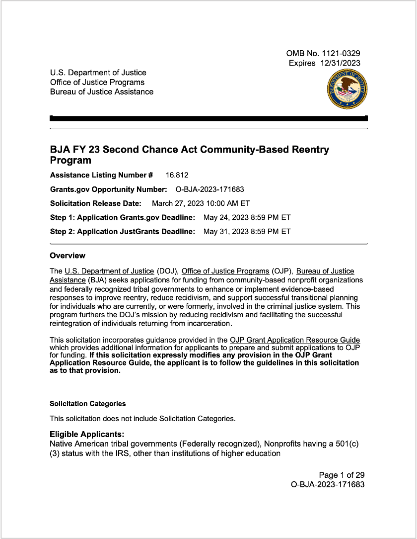 FY 2023 Second Chance Act Community-Based Reentry Program solicitation
