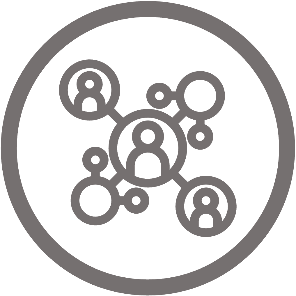 Circular icon of person surrounded by a circle of a linked network of other people