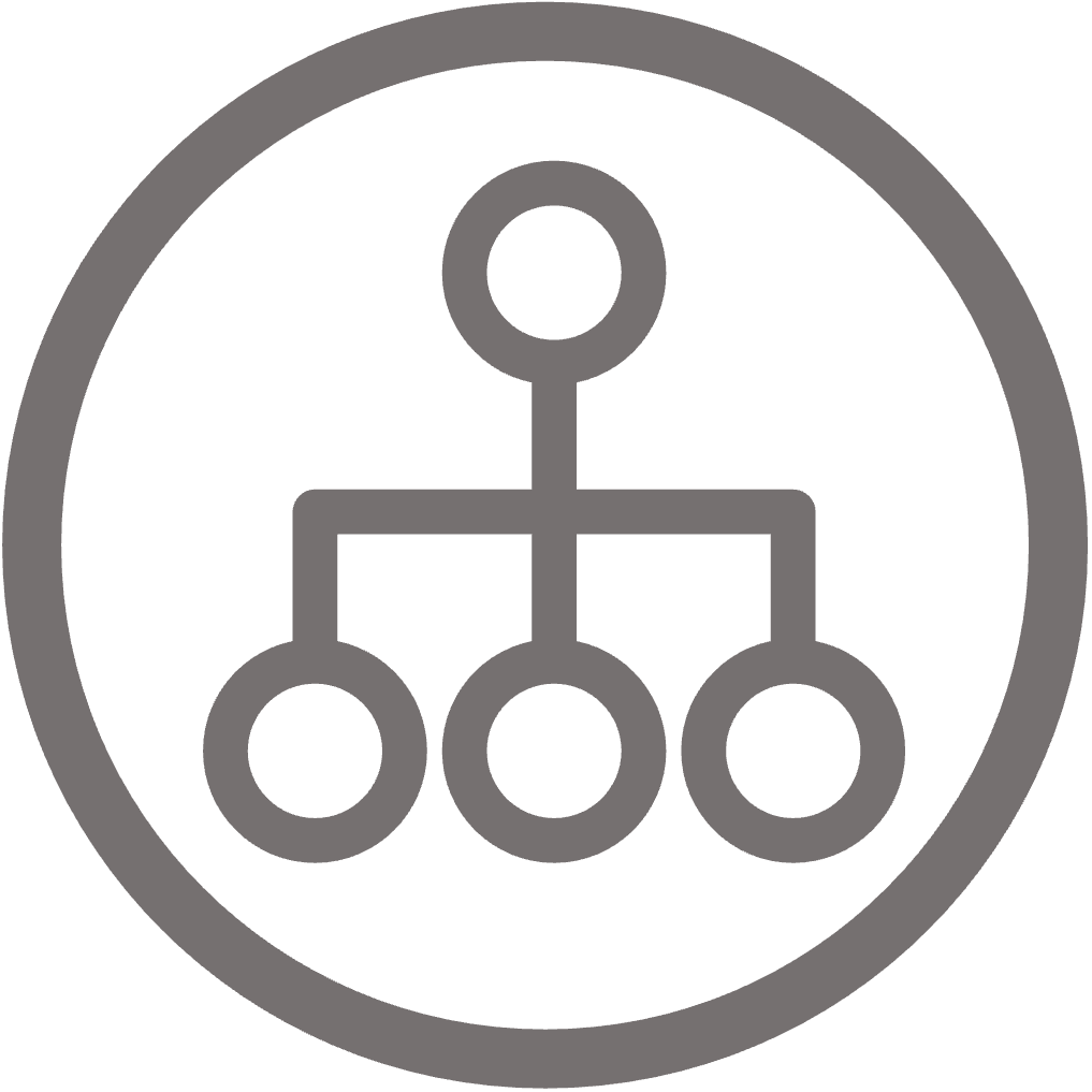 Circular icon of an organizational structure with one circle on top of three circles