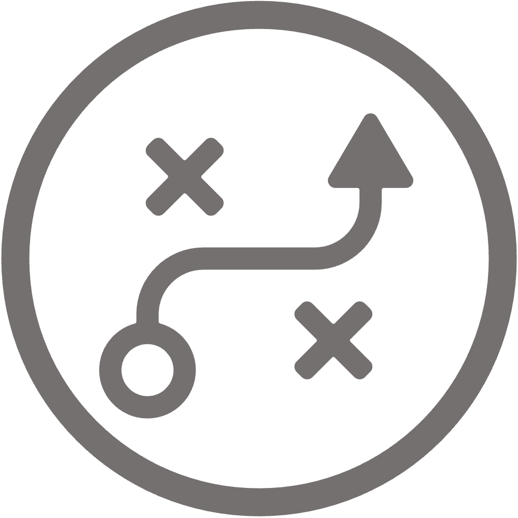 Circular icon of an arrow winding a path between two Xes