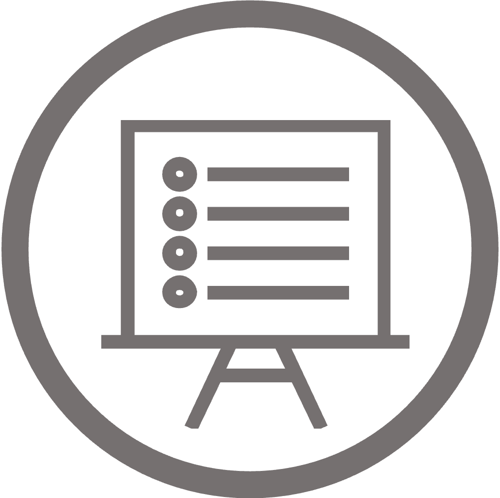 Circular icon of presentation on a projector screen with bullet points